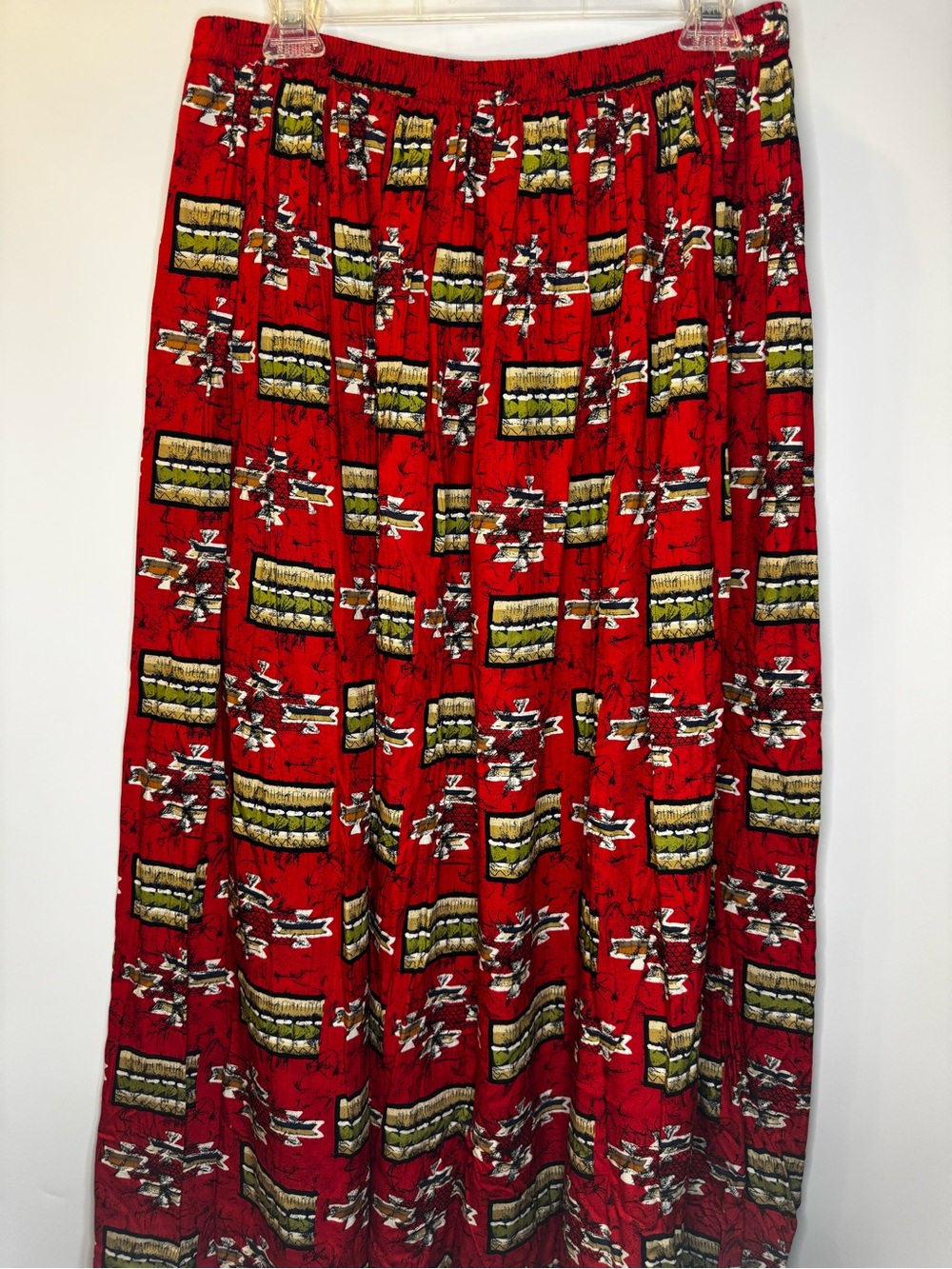 Susan Bristol Red Printed Maxi Skirt with Olive & White Accents